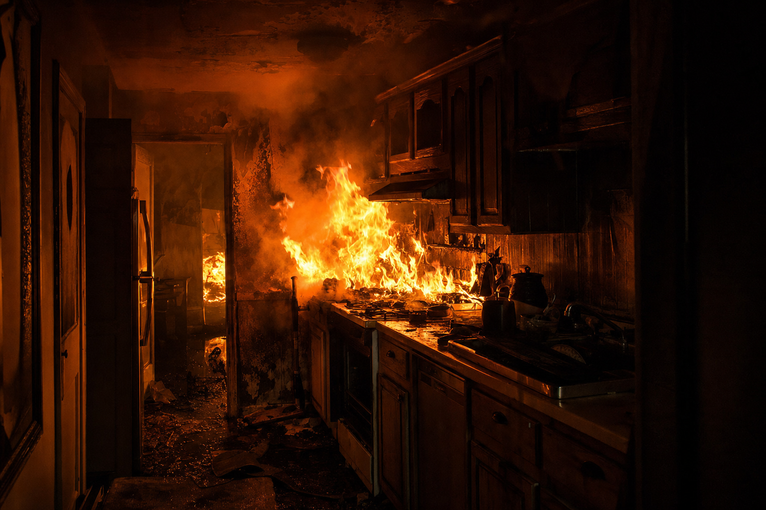 Interior of a residential kitchen engulfed in fire and smoke