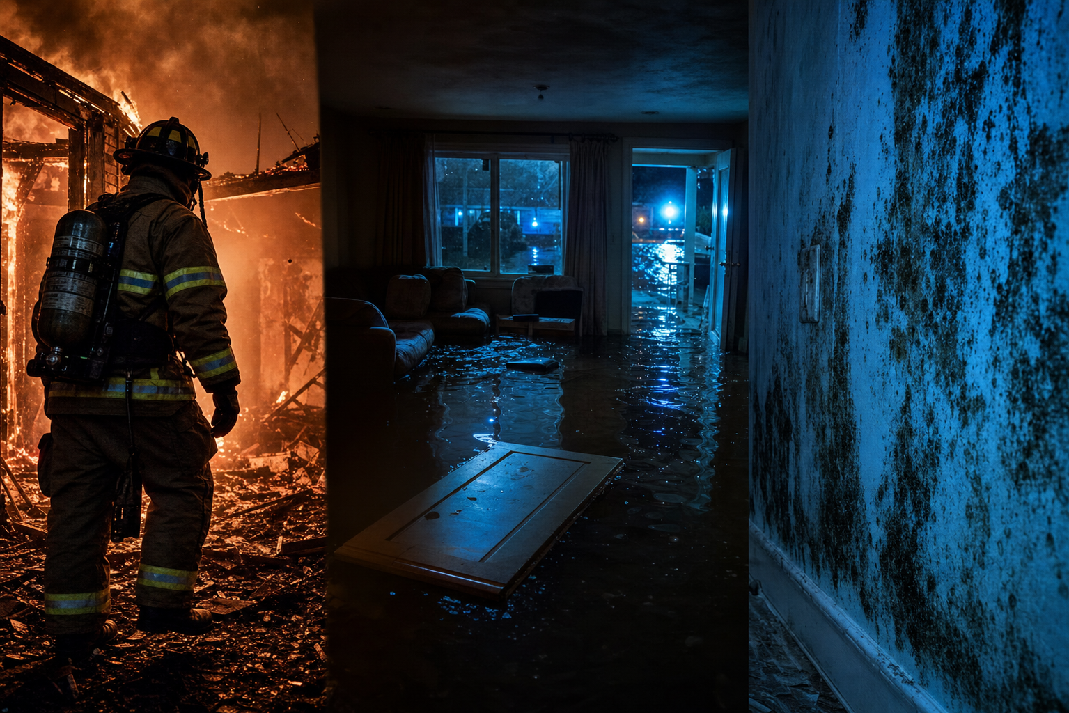 Firefighter working a structure fire beside a flooded room and a mold-damaged wall, representing fire, water and mold restoration
