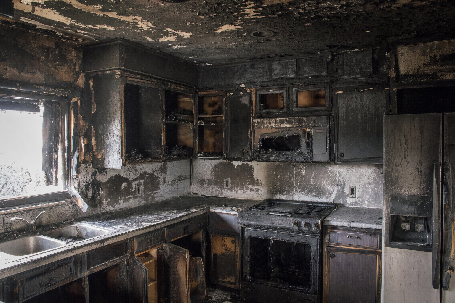Kitchen with severe fire and smoke damage before restoration