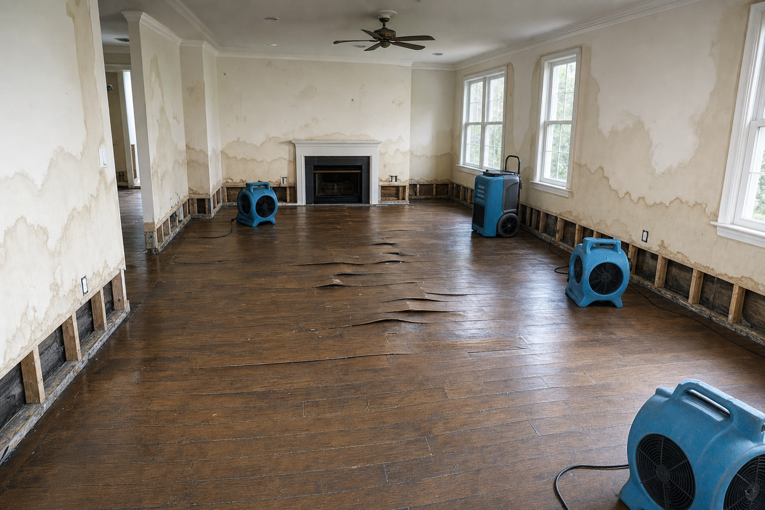 Living room with warped flooring and water stains before restoration