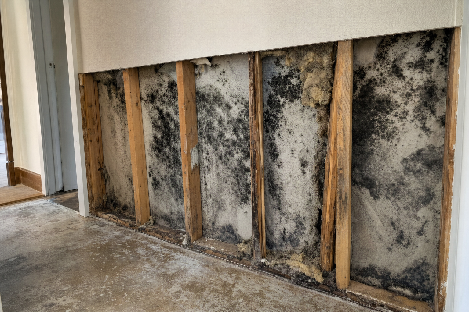 Hallway wall with exposed black mold before remediation