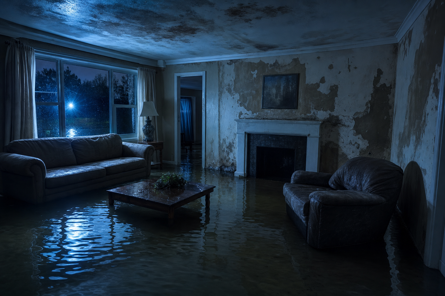 Flooded residential living room at night with standing water